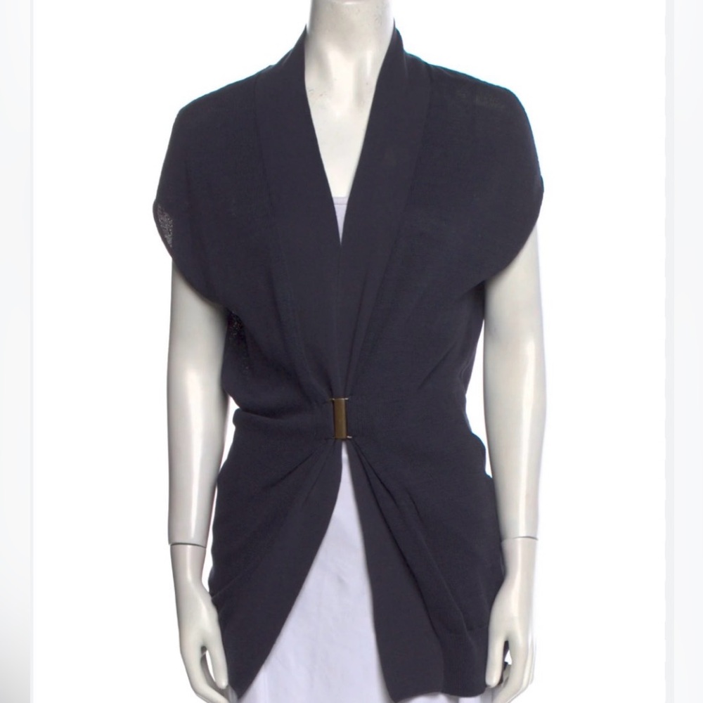 Designer Brunello Cucinelli Navy Blue with Gold Clasp V-Neck Sweater Size S 😍